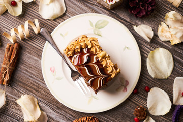 Piece of peanut cake with chocolate