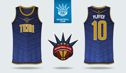 Fototapeta premium Basketball uniform or sport jersey, shorts, socks template for basketball club. Front and back view sport t-shirt design. Tank top t-shirt mock up with basketball logo design. Vector Illustration.