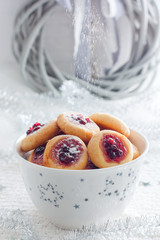 Close up of Vanilla Sugar Cookies with Jam: Also know as Vaniljkakor (traditional Swedish treat)