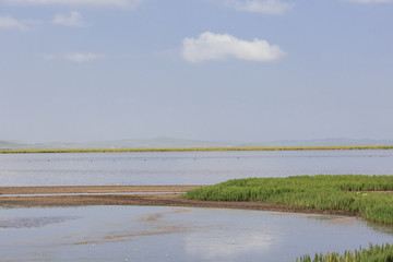 Plateau lakes, blue sky, white clouds and wetlands