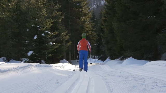Lone young woman cross country skiing