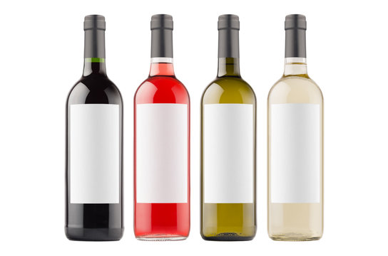  Wine bottles collection different colors with white blank labels isolated on white background, mock up. Template for advertising, design, branding identity.