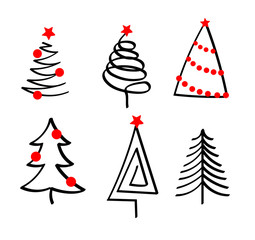 Obraz premium COLLECTION OF CHRSITMAS TREES WIT RED BAUBLE PAINTED ART. ABSTRACT HOLIDAY OUTLINE DECORATIVE ELEMENTS