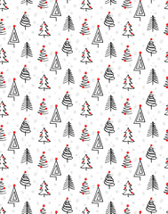 CHRSITMAS TREES WITH RED BAUBLE PAINTED ART. SEAMLESS VECTOR PATTERN. ABSTRACT HOLIDAY DECOR OUTLINE TEXTURE