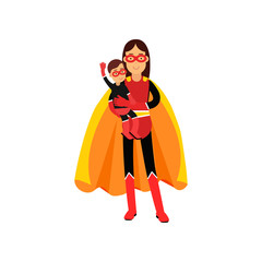 Superhero woman in orange cape with kid in her hands, mom and kid in superhero costumes vector Illustration