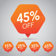 10%, 15% 20%, 25%, 30%, 35%, 45%, 50%, 65%, 70% Sale, Disc, Off on Cheerful Orange Tag for Marketing Retail Element Design