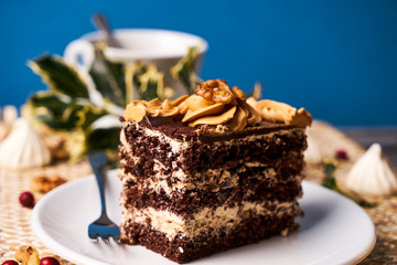 Piece of Chocolate cake with walnut