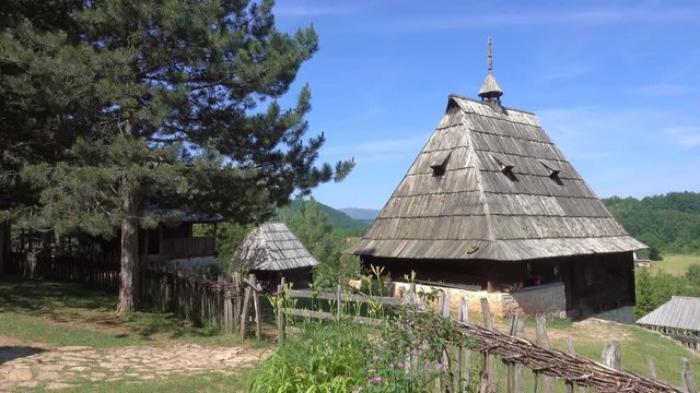 Panorama of old house in ethno village Sirogojno in Zlatibor surroundings, Serbia, 4k