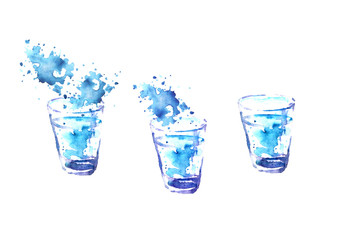 Watercolor drawing, illustration. A glass of vodka, a cocktail, an alcoholic drink, a splash. On white isolated background.
