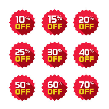 Sale tags set vector badges template, 10 off, 15, 20, 25, 30, 40, 50, 60, 70 percent sale label symbols, discount promotion flat icon with long shadow, clearance sale sticker emblem red rosette