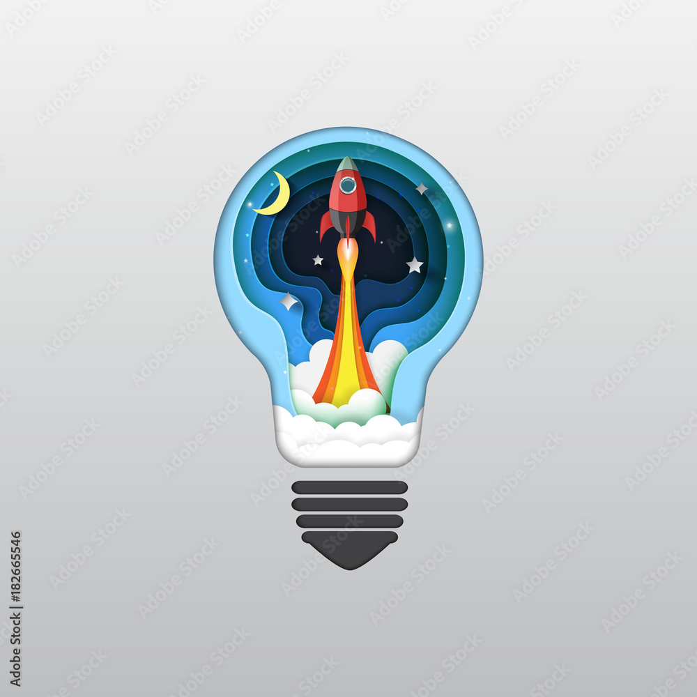 Poster rocket ship icon from light bulb paper art style design.business startup concept.vector illustration