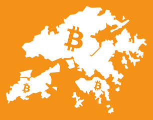 Hong Kong map with bitcoin crypto currency symbol illustration