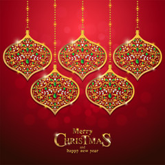 Christmas Greeting and New Years card templates with gold patterned and crystals on background color.