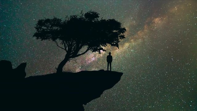 The man stand on the mountain near tree on the starry sky background. time lapse