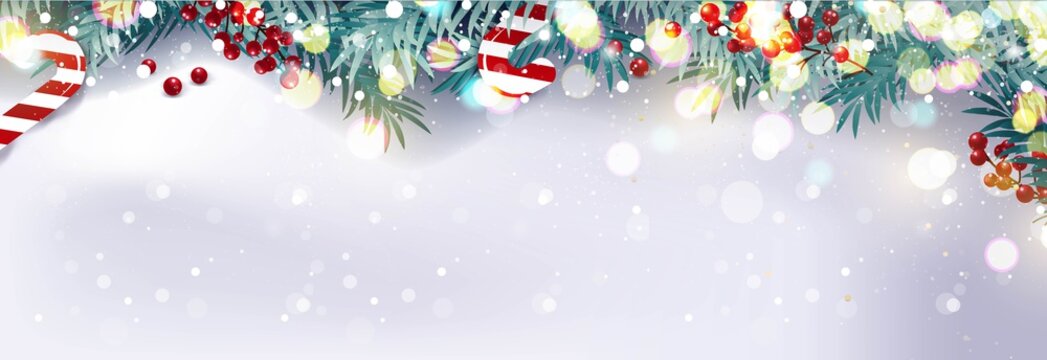 Christmas border or frame with fir branches, berries and candy isolated on snowy background. Vector illustration