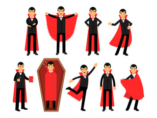 Vampire characters posing in different situations set, Count Dracula wearing black suit and red cape vector Illustrations