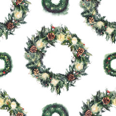 Seamless Christmas pattern with green fir-tree wreaths. Original hand drawn watercolor painting.
