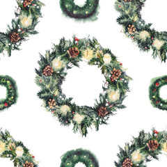 Seamless Christmas pattern with green fir-tree wreaths. Original hand drawn watercolor painting.
