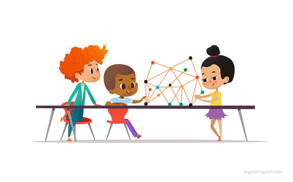 Multiracial boys and girl standing and sitting around table with structural model of molecule on it. Concept of engineering for school children. Vector illustration for banner, poster.