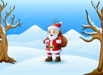 Cartoon santa claus standing in the snow with a bag of gifts