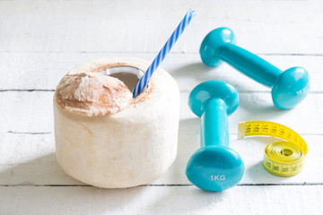 Healthy coconut milk and fitness concept