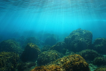 Underwater seascape with natural sunlight through water surface and rocks on the seabed, Mediterranean sea, Cote d'Azur, France