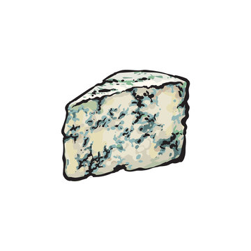 Hand-drawn wedge, piece of Roquefort, Stilton, Gorgonzola blue cheese, sketch style vector illustration on white background. Realistic hand drawing of Roquefort, Stilton, Gorgonzola blue cheese