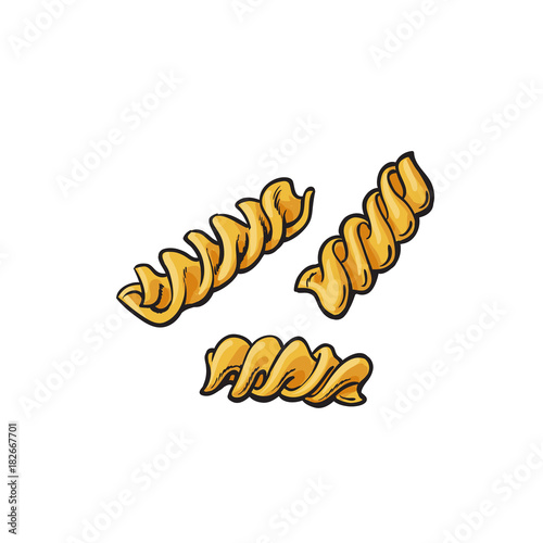 "Raw, uncooked scroodle, rotini, fusilli, corkscrew shaped Italian