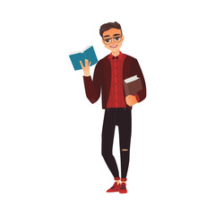 Young adult, student, guy in glasses holding and reading a book, flat cartoon vector illustration isolated on white background. College, university student in hipster clothes and glasses reading book