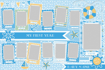 Frames for the baby. My first year of life. Twelve months of child development. Memory book for photos