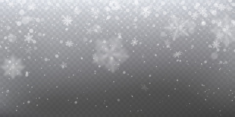 Realistic falling snow with white snowflakes, light effect