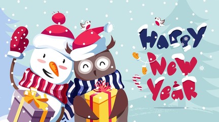 Merry Christmas and Happy New Year vector background with cute snowman, owl and typographic design. Winter cartoon illustration