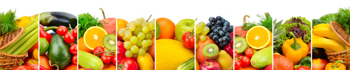 Panoramic collection fruits and vegetables isolated on white background. Wide photo with free space for text.