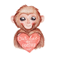 Obraz premium Cute watercolor monkey with heart. Hand drawn vector illustration. Handwritten lettering