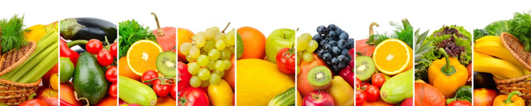 Panoramic collection fruits and vegetables isolated on white background. Wide photo with free space for text.