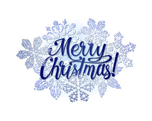 Merry Christmas. Oval composition from hand drawn lettering and openwork snowflakes. Calligraphy text for design card, holiday greeting gift poster, banner. Vector illustration.