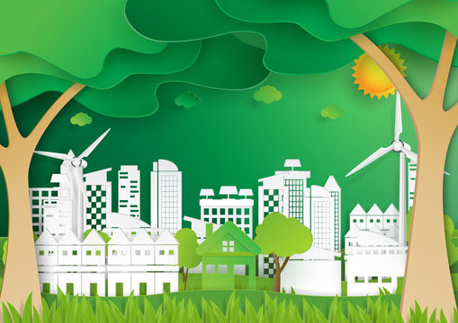 Ecological green nature landscape abstract background.Eco friendly cityscape and environment conservation concept.Green energy paper art style.Vector illustration.