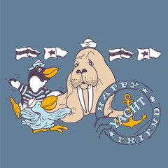 Naklejka premium Walrus, penguin and seagull