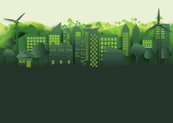 Green city landscape and forest abstract background.Nature and environment conservation concept paper art style design.Vector illustration.