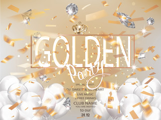 Golden party with flying confetti and diamonds. Vector illustration 