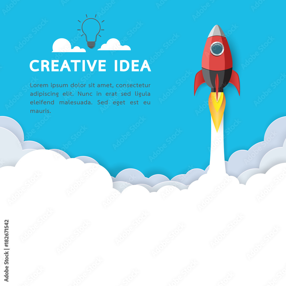 Poster creative idea with rocket ship icon.business start up concept paper art style design.vector illustra