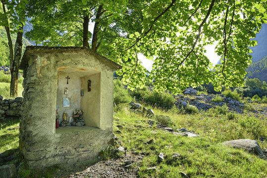 Small chapel in landscape, Val Codera, Lombardy, Italy