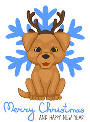 Cute dog with antlers. Merry Christmas greeting card. Vector illustration.