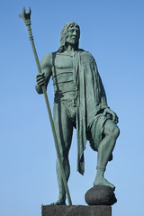 Statue of Tegueste, a Guanche chief or a mencey, part of the nine statues of pre-Hispanic kings situated in Plaza de la Patrona de Canarias, in Candelaria, Tenerife, Canary Islands, Spain