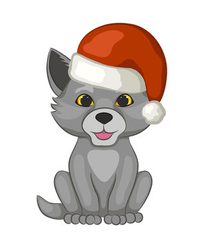 Cute cub wolf in a red Santa Claus hat isolated on white background. The cartoon style. Vector illustration.