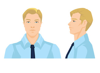 Vector illustration of man's face on white background. Various turns heads. Face in front view and side view.