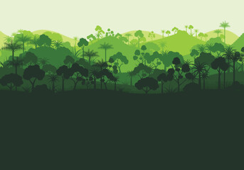 Green silhouette forest abstract background.Nature and environment conservation concept flat design.Vector illustration. - obrazy, fototapety, plakaty