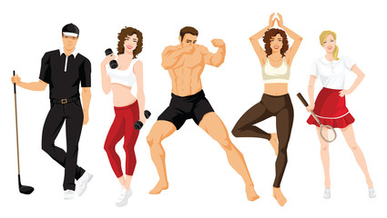 Fototapeta premium illustration of young man and woman in sportswear isolated on white background. Group of people in clothes for sport or fitness 