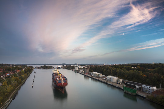 Ship on the Kiel Canal, Holtenau locks, Kiel, Schleswig-Holstein, Germany