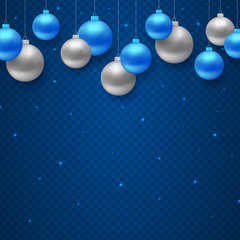 Christmas decoration border with blue and silver hanging balls and falling glittering snow glitters isolated on transparent background. Vector design element